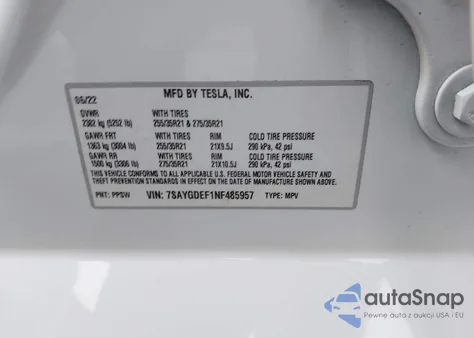 2022 Tesla Model Y Performance Dual Motor All-Wheel Drive z USA, uszkodzony, nr VIN 7SAYGDEF1NF485957